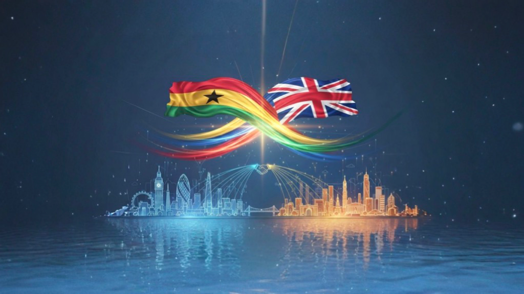 Ghana and United Kingdom flags over a city skyline