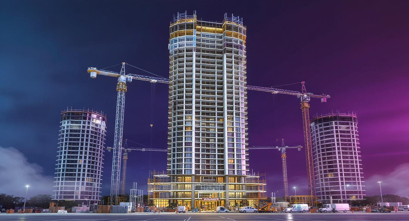 High-rise construction scheme illuminated at night