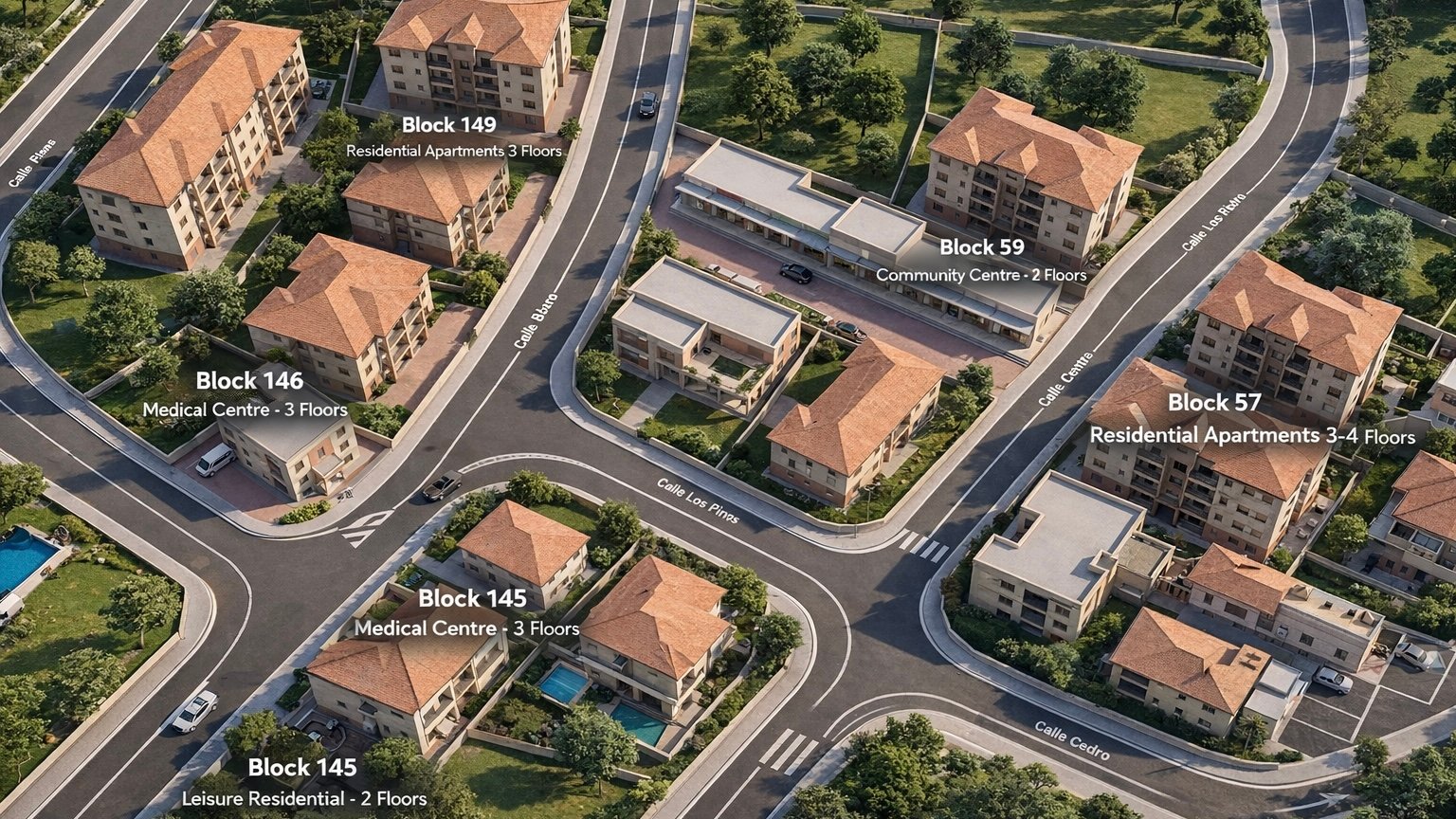Aerial masterplan render of the Pipeline Community Development, Western Region, Ghana